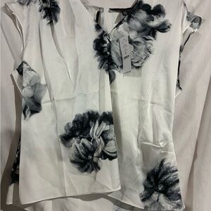 White House Black Market White V-Neck Blouse with Black Floral Print